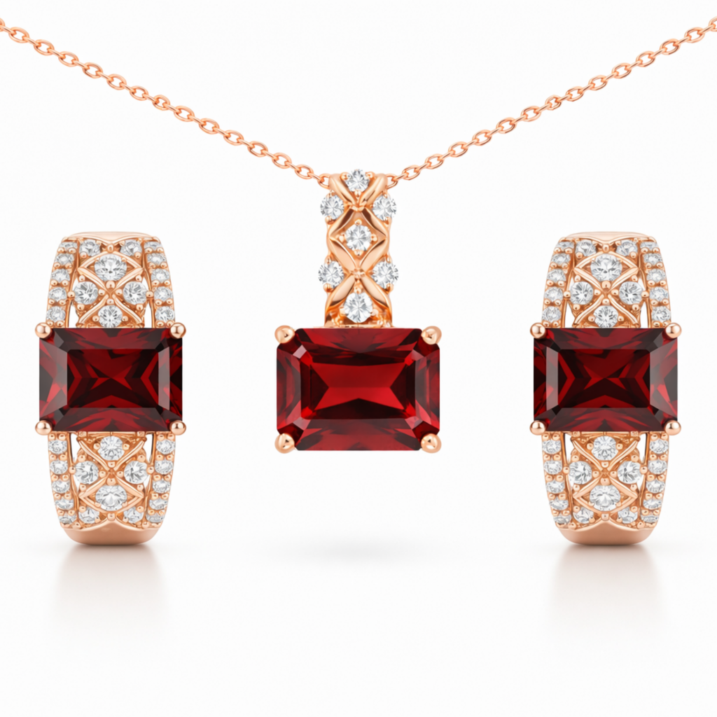 Natural Red Garnet & White Topaz Silver Jewelry Set