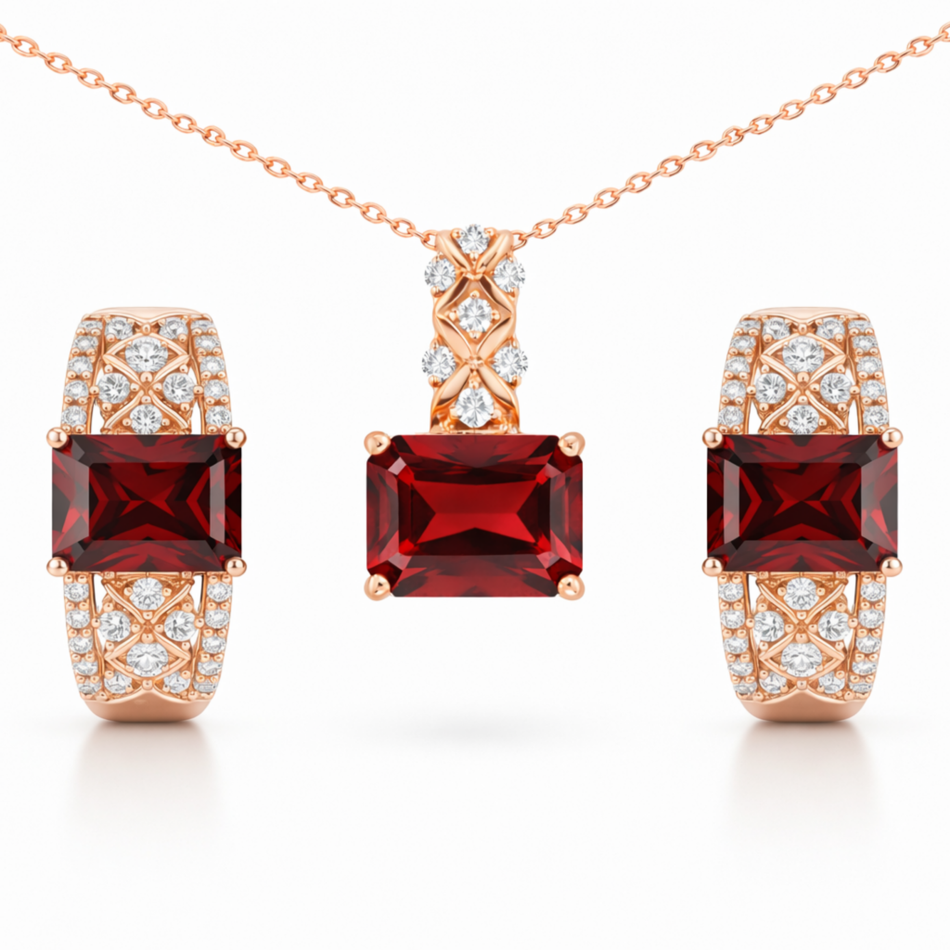 Natural Red Garnet & White Topaz Silver Jewelry Set