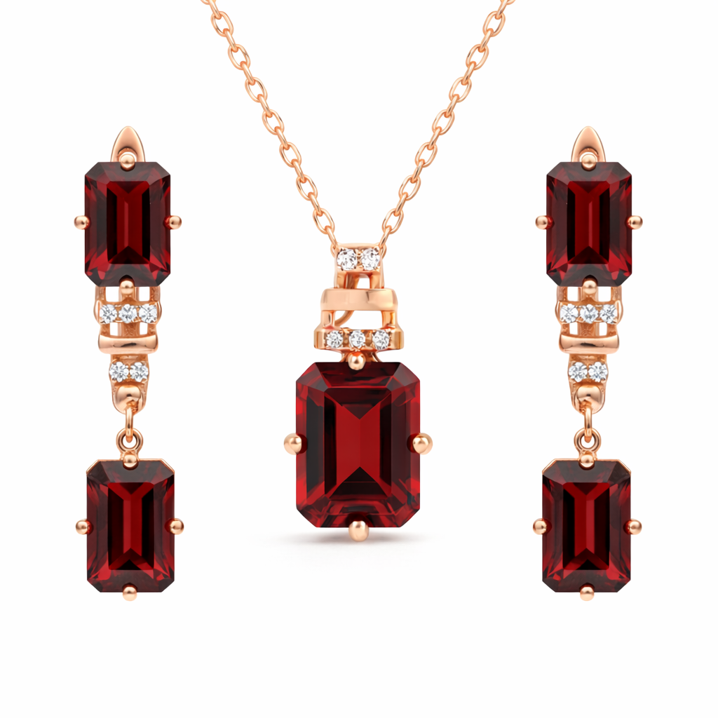 Natural Garnet & White Topaz Sterling Silver Drop Jewelry Set