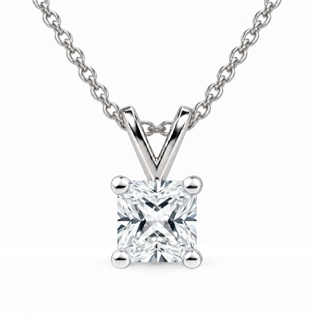 IGI Certified Princess Cut Lab Grown Diamond Rhodium Over Silver Square Solitaire Necklace