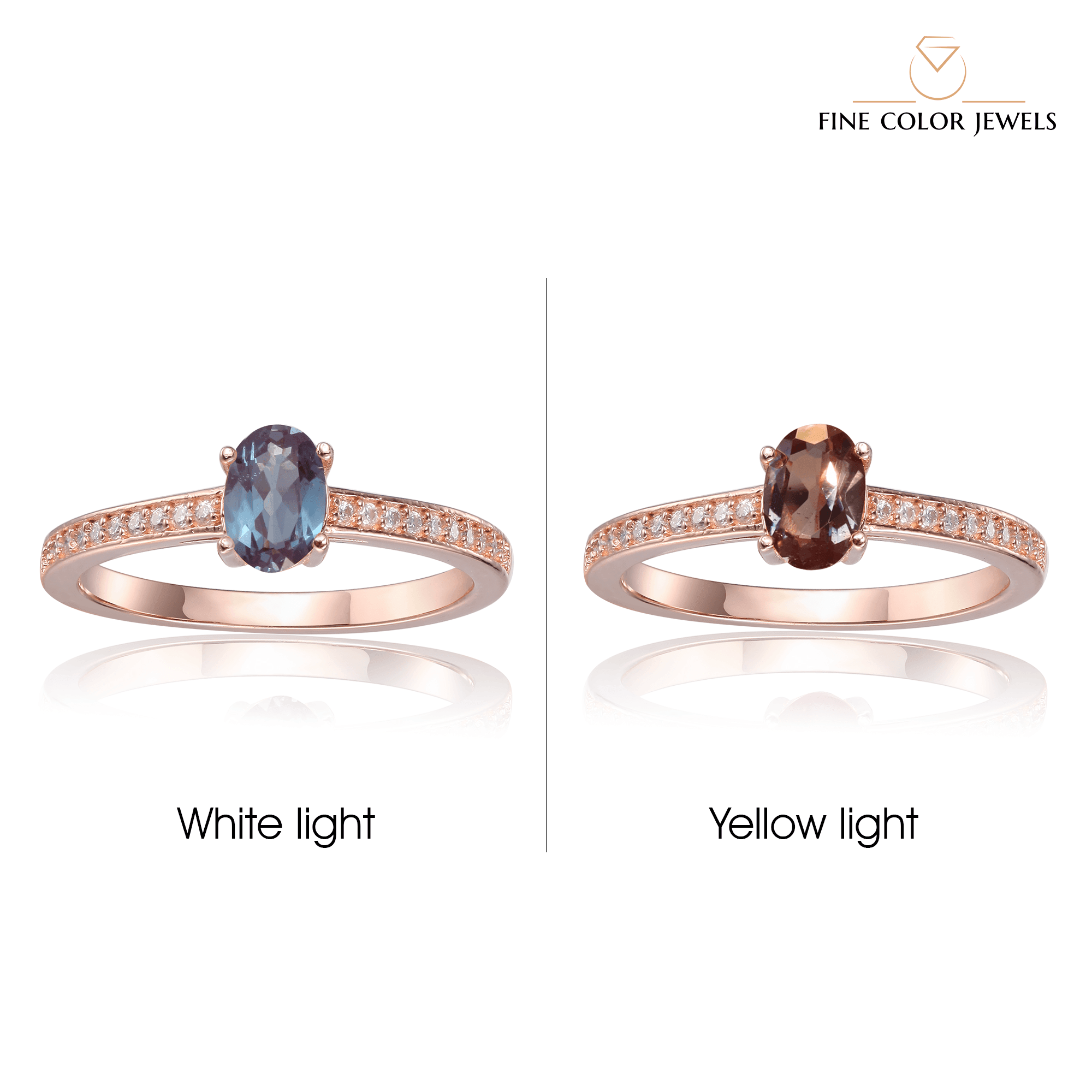 Created Alexandrite Solitaire Ring with Moissanite Accents in Rose Gold Plated Sterling Silver - FineColorJewels