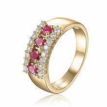 Load image into Gallery viewer, Ruby Statement Engagement Ring with Moissanite in Yellow Gold Plated Sterling Silver - FineColorJewels