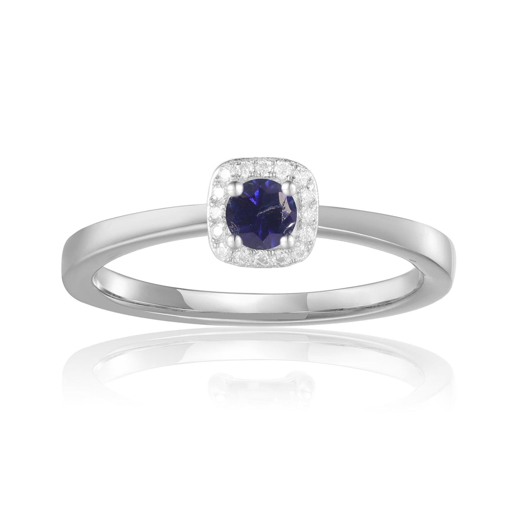 Natural Blue Sapphire Halo Solitaire Ring With Accents in 925 Sterling Silver - FineColorJewels