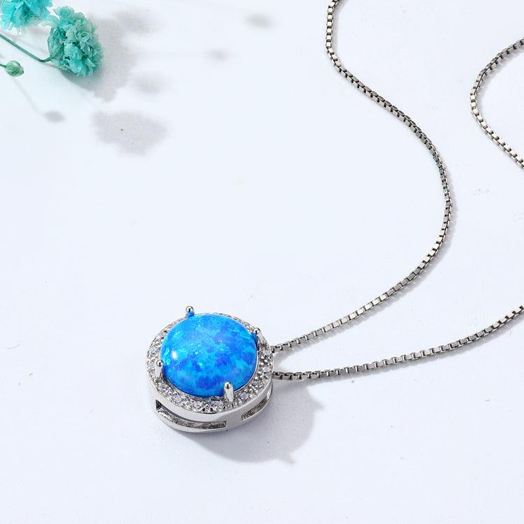 Blue Opal Round Halo Necklace - FineColorJewels