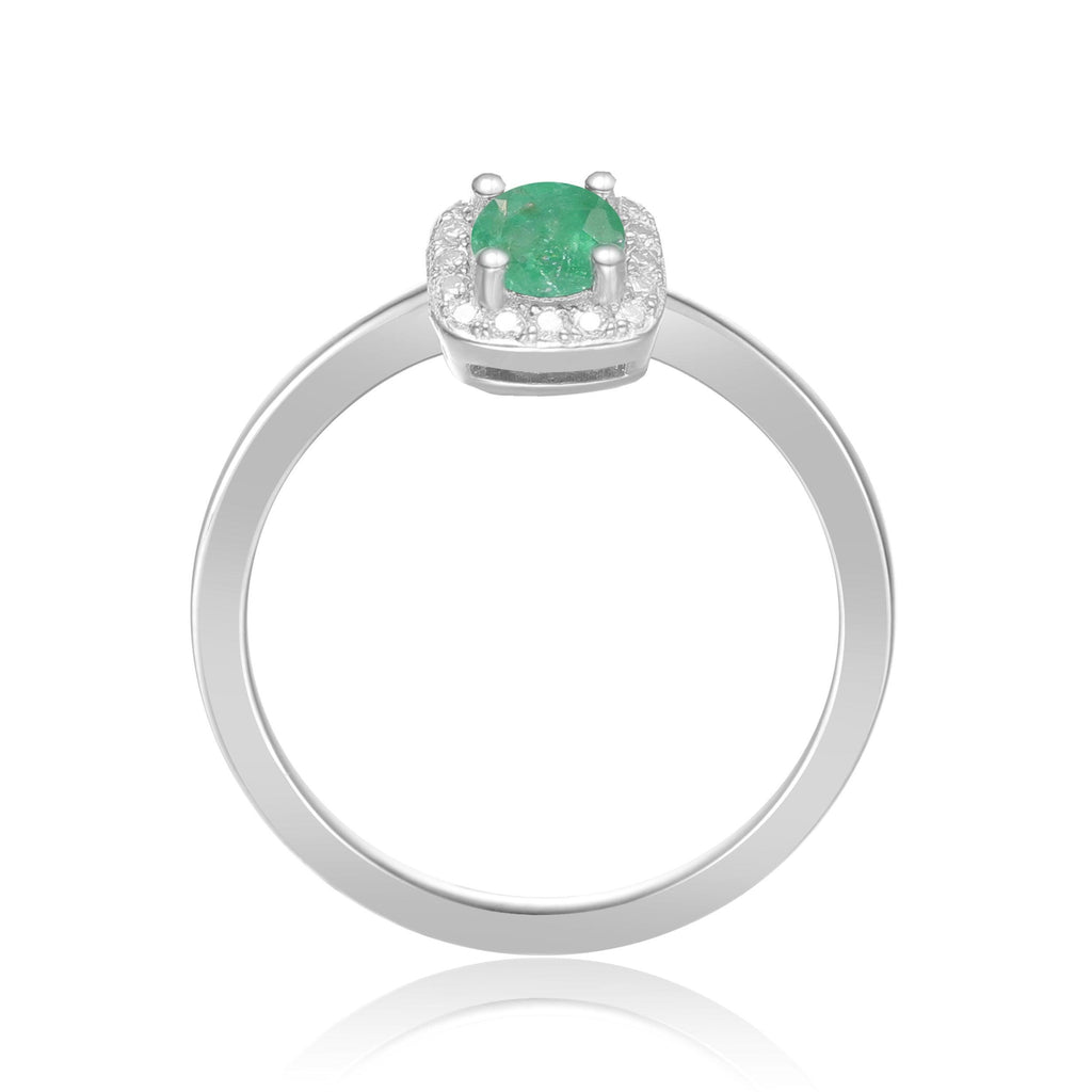 Natural Emerald Halo Solitaire Ring with Accents in 925 Sterling Silver - FineColorJewels