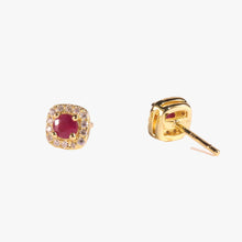 Load image into Gallery viewer, Halo Ruby Earrings in Yellow Gold Plated Silver with Moissanite