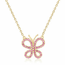 Load image into Gallery viewer, Ruby Butterfly Pendant Necklace in Yellow Gold Plated Sterling Silver