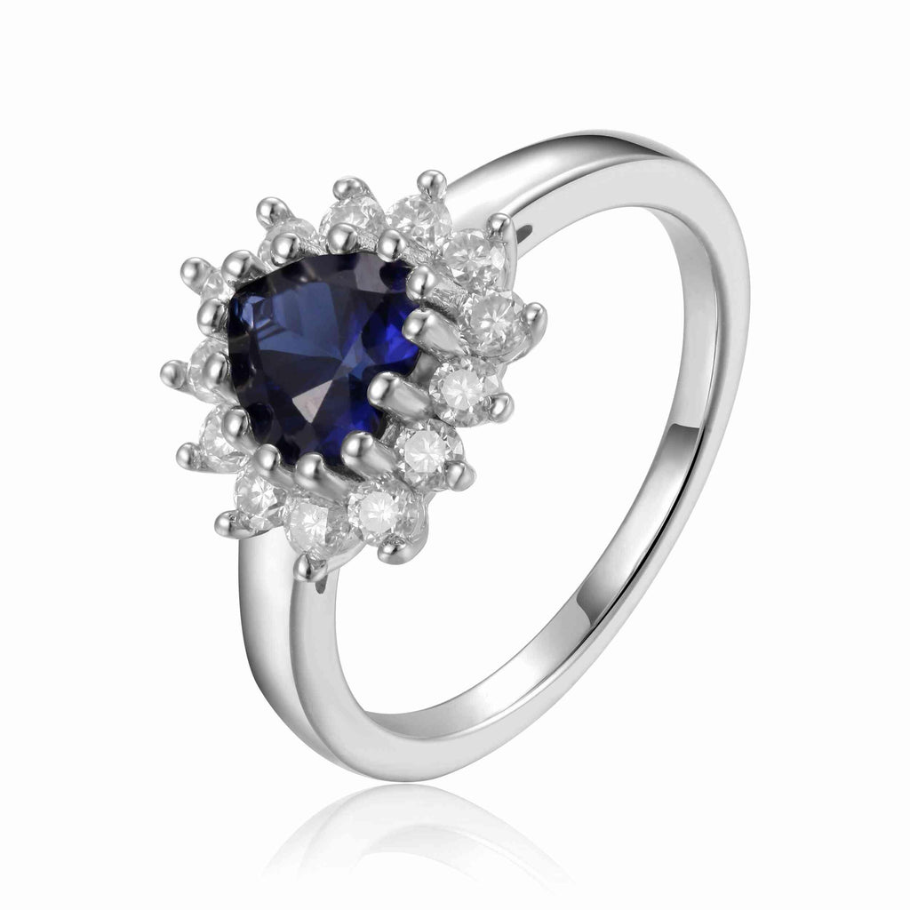 Blue Sapphire Halo Heart Ring - FineColorJewels