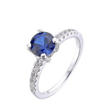 Load image into Gallery viewer, Lab Grown Blue Sapphire Round Solitare Engagement Ring with White Topaz Accents -September Birthstone White Rhodium-Plated 925 Sterling Silver - FineColorJewels