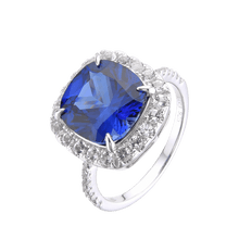 Load image into Gallery viewer, Lab Grown Cushion Cut Blue Sapphire Statement Ring with White Topaz Accents, September Birthstone Ring in White Rhodium-Plated 925 Sterling Silver - FineColorJewels