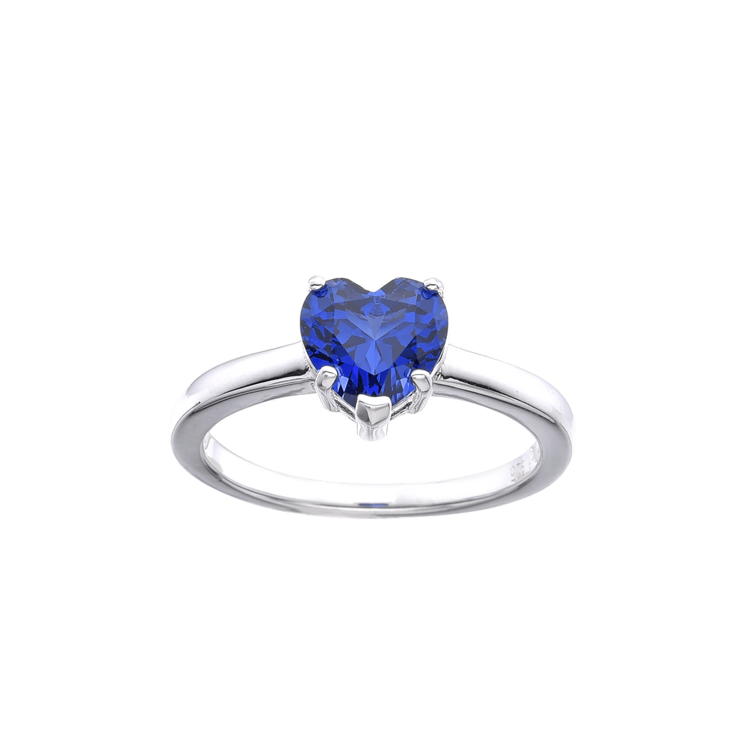 Lab Grown Blue Sapphire Heart Shaped Ring -September Birthstone White Rhodium-Plated 925 Sterling Silver - FineColorJewels