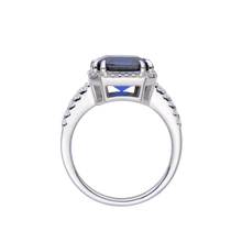 Load image into Gallery viewer, Lab Grown Asscher Cut Blue Sapphire Halo Ring with Round White Topaz Accents -September Birthstone White Rhodium-Plated 925 Sterling Silver - FineColorJewels