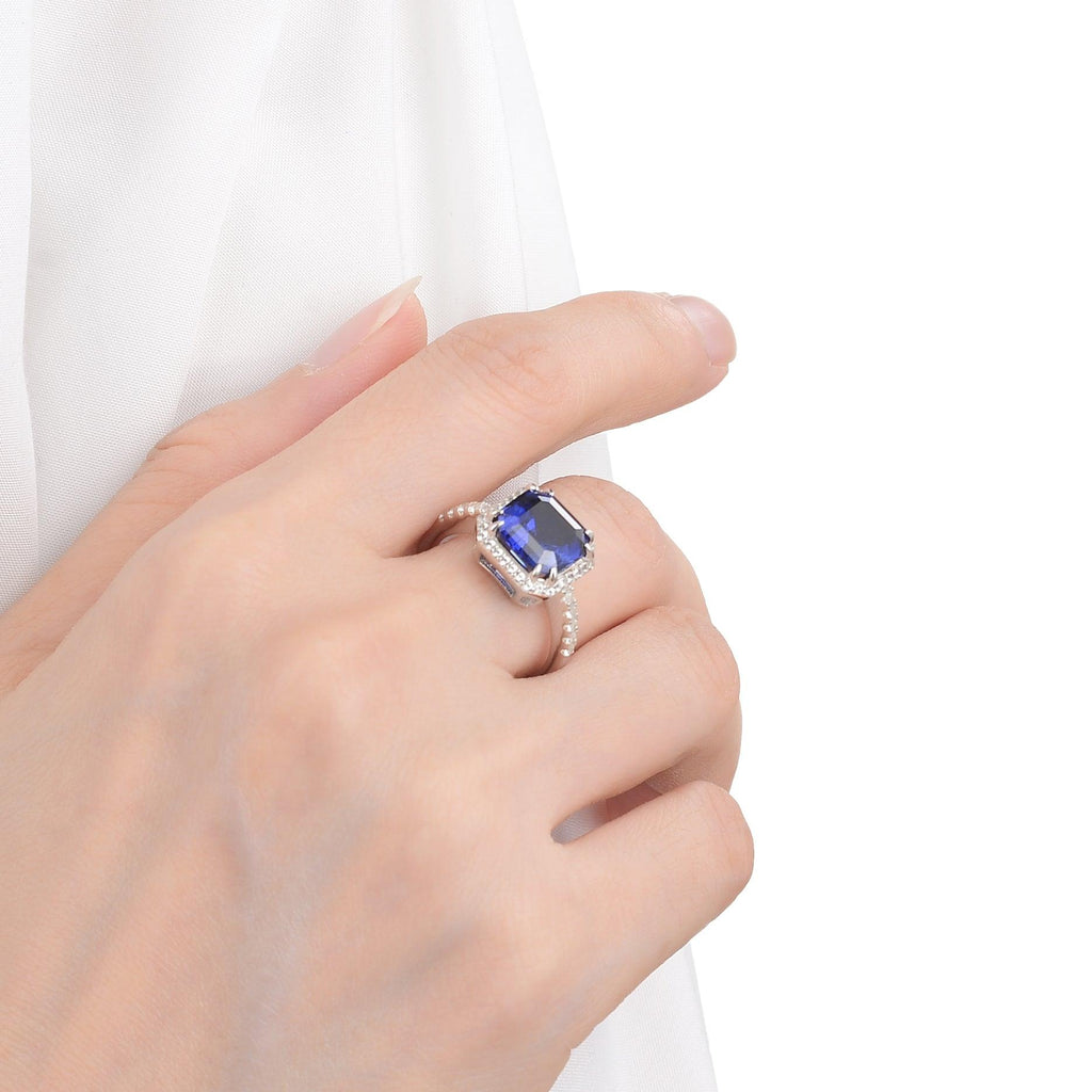 Lab Grown Asscher Cut Blue Sapphire Halo Ring with Round White Topaz Accents -September Birthstone White Rhodium-Plated 925 Sterling Silver - FineColorJewels