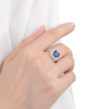 Load image into Gallery viewer, Lab Grown Cushion Cut Blue Sapphire Statement Ring - September Birthstone White Rhodium-Plated 925 Sterling Silver - FineColorJewels