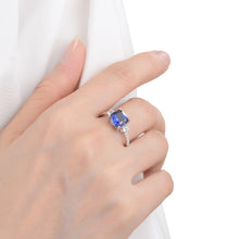 Load image into Gallery viewer, Lab Grown Asscher Cut Blue Sapphire Ring with White Topaz Accents -September Birthstone White Rhodium-Plated 925 Sterling Silver - FineColorJewels