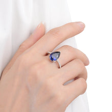 Load image into Gallery viewer, Lab Grown Blue Sapphire Teardrop Shaped Ring with White Topaz Accents -September Birthstone White Rhodium-Plated 925 Sterling Silver - FineColorJewels