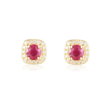 Load image into Gallery viewer, Halo Ruby Earrings in Yellow Gold Plated Silver with Moissanite