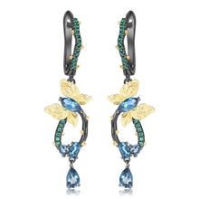 Load image into Gallery viewer, Artisan Blue Topaz Gold-Plated Butterly Earrings.
$ 50 - 100, Blue Topaz, Marquise, Oval, Pear, Blue, Green, 925 Sterling Silver, 925 Sterling Silver Ð Gold Plated Yellow, Dangle, Drop