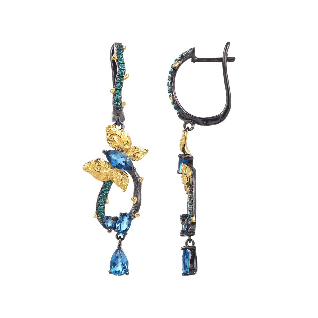 Artisan Blue Topaz Gold-Plated Butterly Earrings.
$ 50 - 100, Blue Topaz, Marquise, Oval, Pear, Blue, Green, 925 Sterling Silver, 925 Sterling Silver Ð Gold Plated Yellow, Dangle, Drop