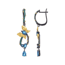 Load image into Gallery viewer, Artisan Blue Topaz Gold-Plated Butterly Earrings.
$ 50 - 100, Blue Topaz, Marquise, Oval, Pear, Blue, Green, 925 Sterling Silver, 925 Sterling Silver Ð Gold Plated Yellow, Dangle, Drop