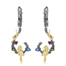 Load image into Gallery viewer, Exotic Nature Inspired Gold Plated Robin Earrings.
$ 50 - 100, Blue Topaz, Garnet, Red, Green, Blue, Round, 925 Sterling Silver, 925 Sterling Silver Ð Gold Plated Yellow, Dangle