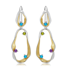 Load image into Gallery viewer, Signature Rhodium and Gold Plated Earrings.
$ 50 - 100, Blue Topaz, Peridot, Amethyst, Round, 925 Sterling Silver, Dangle, Hoop