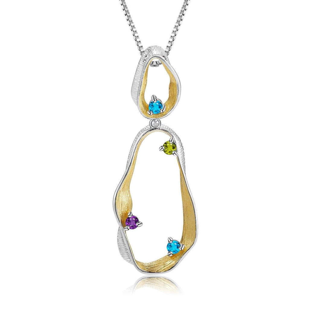Signature Rhodium and Gold Plated Pendant.
$ 50 - 100, Blue Topaz, Peridot, Amethyst, Round, 925 Sterling Silver, Dangle, Fashion