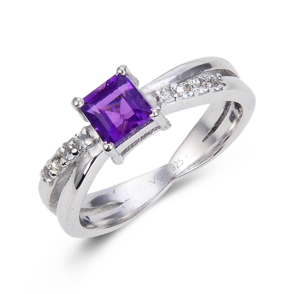 Classic Sterling Silver Square Amethyst White Topaz Ring.
$ 50 & Under, 6, 7, 8, Purple, Square Shape, Amethyst, Purple, White Topaz, 925 Sterling Silver, Solitair Ring