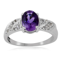 Load image into Gallery viewer, Classic Round Amethyst White Topaz Ring.  
$ 50 &amp; Under, 8, Purple, Oval Shape, Amethyst, Purple, White Topaz, 925 Sterling Silver, Solitair Ring