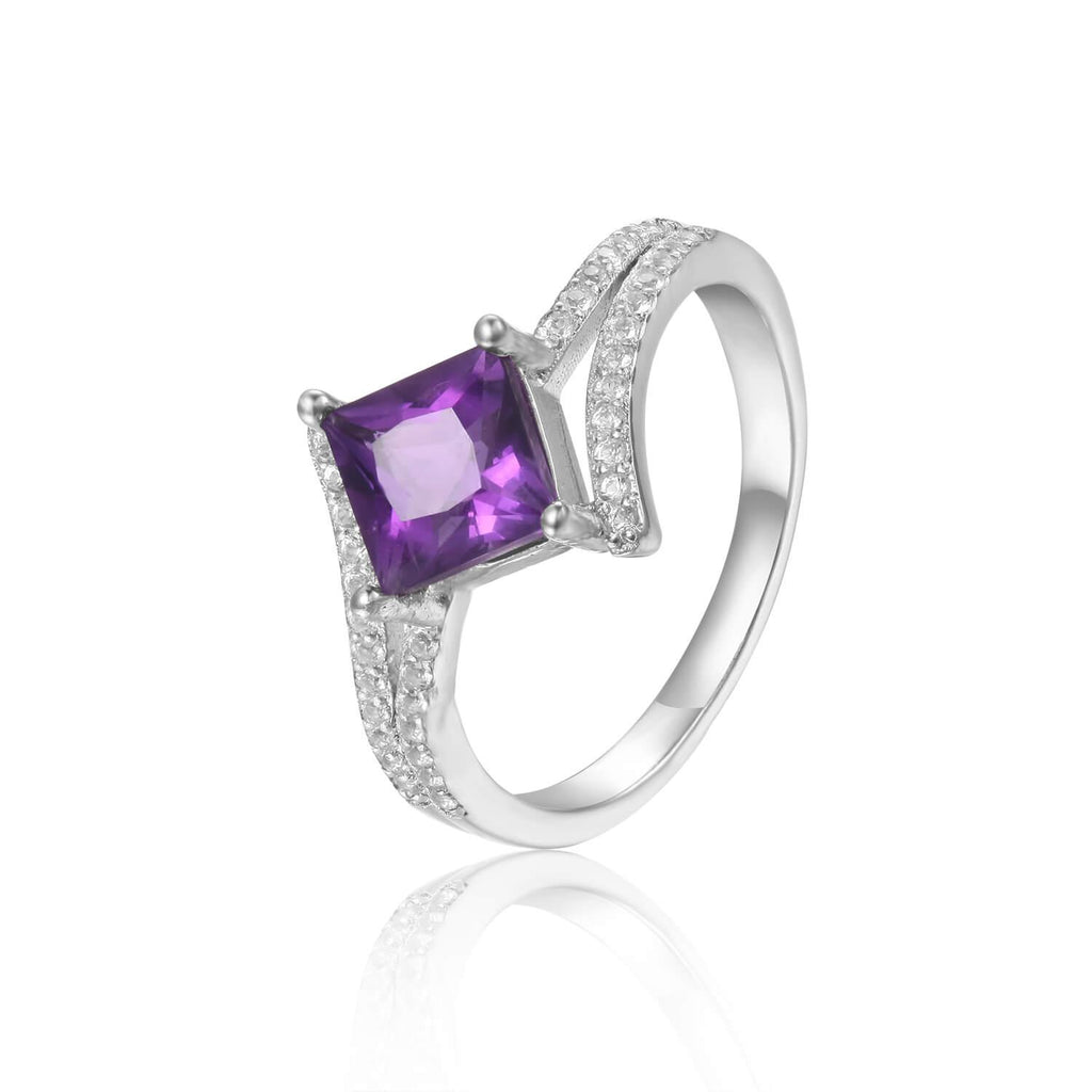 Refined Square Princess cut Natural Amethyst Ring with White Sapphire