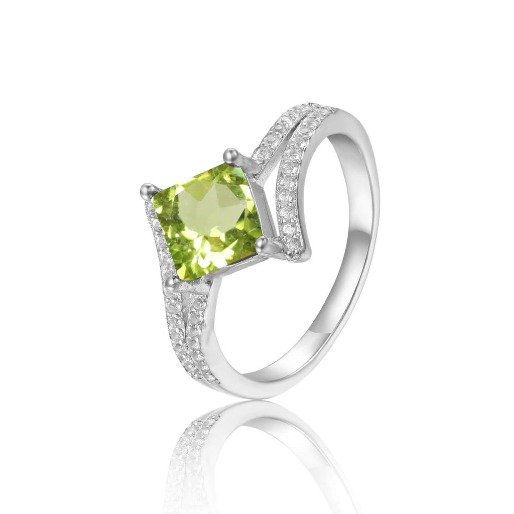 Refined Square Princess cut Natural Peridot Ring with White Sapphire