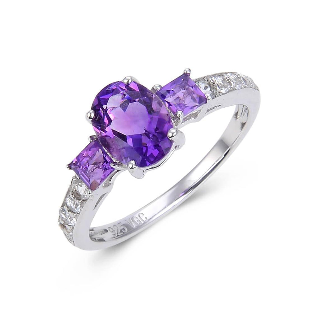 Classic Sterling Silver Oval & Square Amethyst Ring.
$ 50 & Under, 6, 7, 8, Purple, Oval Shape, Amethyst, Purple, White Topaz, 925 Sterling Silver, Three StoneRing.