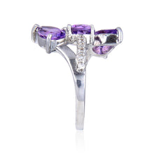 Load image into Gallery viewer, Signature Pear &amp; Round Amethyst White Topaz Ring.
$ 50 &amp; Under, 6, , Purple, Round Shape, Amethyst, Purple, White Topaz, 925 Sterling Silver, Three StoneRing.