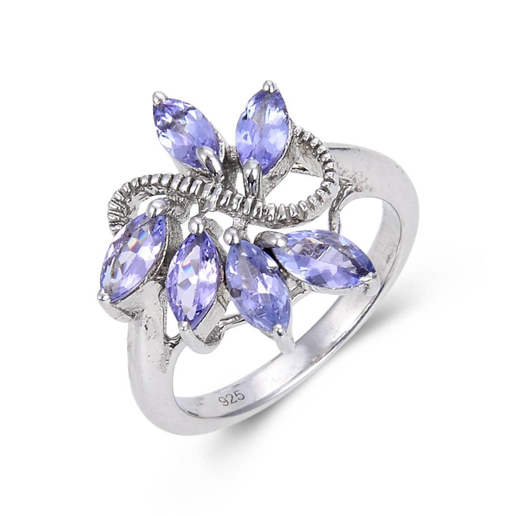 Signature Sterling Silver Marquise Blue Tanzanite Women's Ring - FineColorJewels