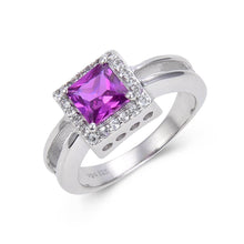 Load image into Gallery viewer, Classic Created Purple Sapphire Halo Ring.
$ 50 - 100, Lab Created Purple Sapphire, Purple, Square, White, White Topaz, 925 Sterling Silver, 6, 7, 8, Halo