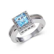 Load image into Gallery viewer, Classic Sterling Silver Blue Topaz Ring.
$ 50 – 100, 6, 7, Blue, Square, Blue Topaz, White Topaz, 925 Sterling Silver, Halo