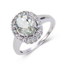 Load image into Gallery viewer, Classic Sterling Silver Oval Green Amethyst White Topaz Ring.
$ 50 &amp; Under, 7, Purple, Oval Shape, Green Amethyst, Purple, White Topaz, 925 Sterling Silver, Halo Ring.