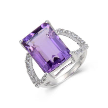 Load image into Gallery viewer, Statement Amethyst Emerald Cut White Topaz Ring.
$ 100 – 150, 5, 7, Purple, Emerald Cut, Amethyst, Purple, White Topaz, 925 Sterling Silver, Staement RIng.