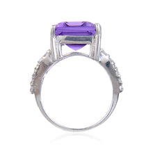 Load image into Gallery viewer, Statement Amethyst Emerald Cut White Topaz Ring.
$ 100 – 150, 5, 7, Purple, Emerald Cut, Amethyst, Purple, White Topaz, 925 Sterling Silver, Staement RIng.
