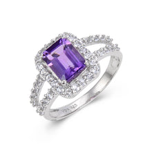 Load image into Gallery viewer, Classic Sterling Silver Emerald Cut Amethyst White Topaz Ring.
$ 50 &amp; Under, 7, Purple, Octagone Shape, Amethyst, Purple, White Topaz, 925 Sterling Silver, Halo Ring.