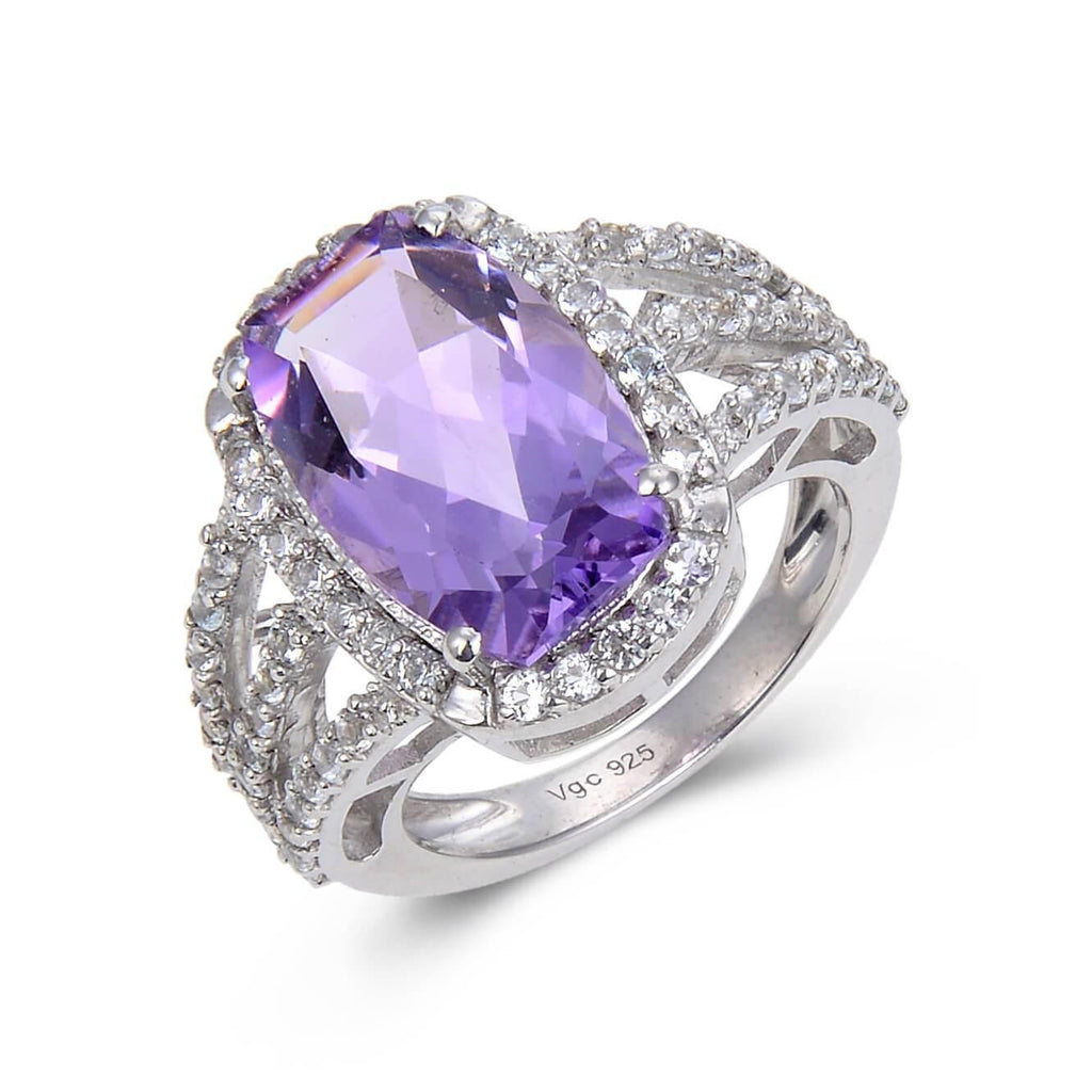 Statement Amethyst Cushion White Topaz Ring. 
$ 150 – 200, 7, Purple, Cushion Shape, Amethyst, Purple, White Topaz, 925 Sterling Silver, Statement Ring.