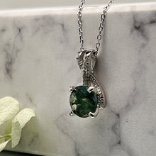 Load image into Gallery viewer, Round Moss Green Agate Pendant Necklace With Cz Accents