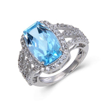 Load image into Gallery viewer, Statement Cushion Blue Topaz Ring.
$ 200 – 300, 7, Blue, Emerald Cut, Blue Topaz, White Topaz, 925 Sterling Silver, Statement