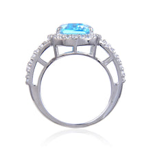 Load image into Gallery viewer, Statement Cushion Blue Topaz Ring.
$ 200 – 300, 7, Blue, Emerald Cut, Blue Topaz, White Topaz, 925 Sterling Silver, Statement