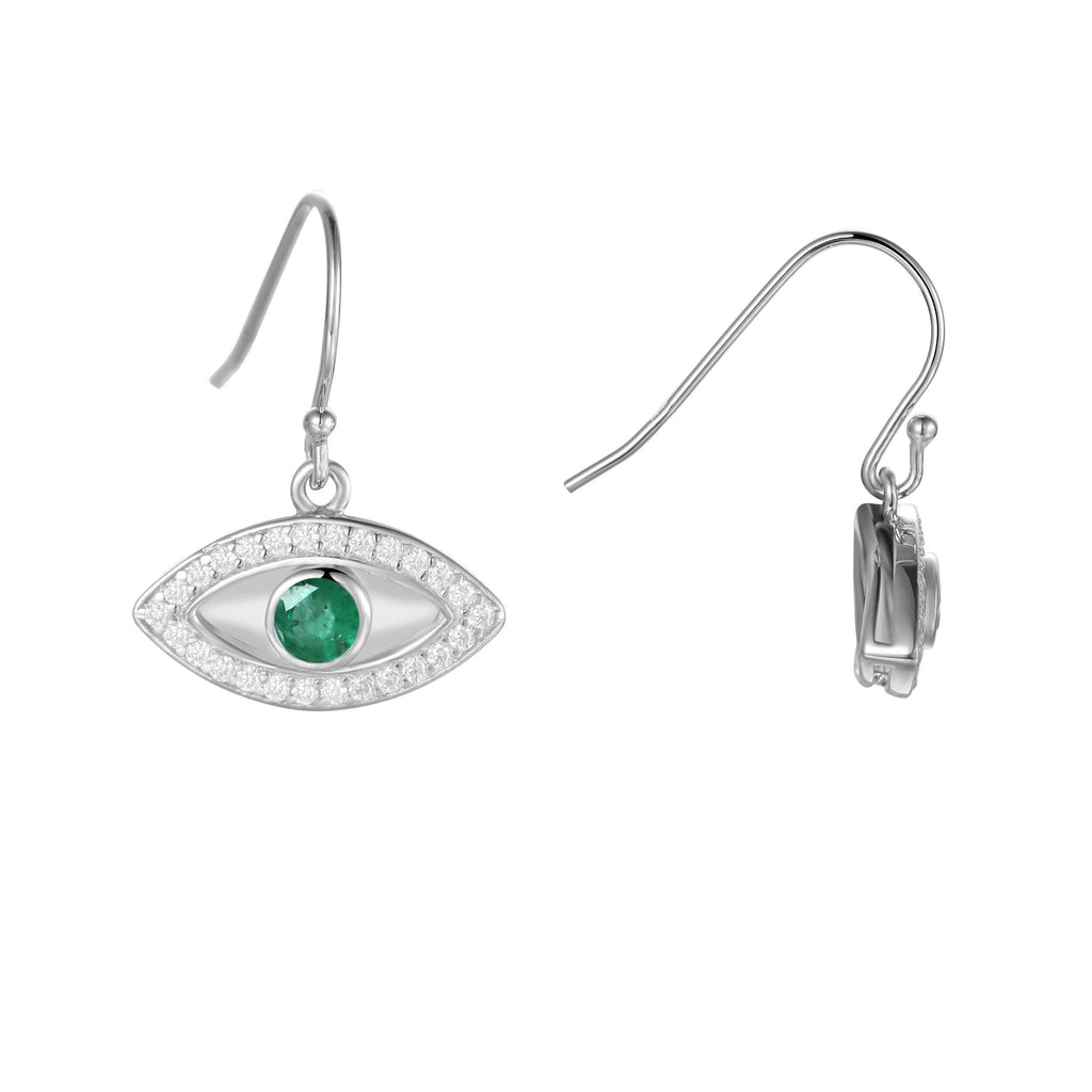 Genuine Emerald Rhodium Plated Evil Eye Earrrings