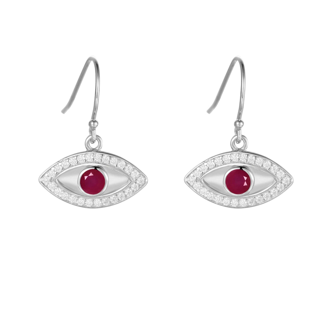 Genuine Ruby Rhodium Plated Evil Eye Earrings