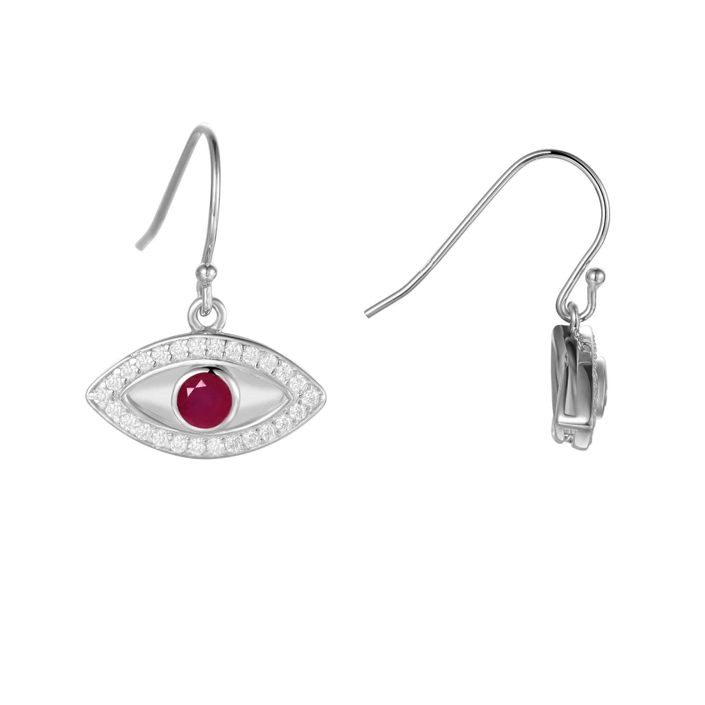 Genuine Ruby Rhodium Plated Evil Eye Earrings