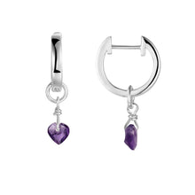 Load image into Gallery viewer, Natural Amethyst Dangling Rhodium Heart Earrings