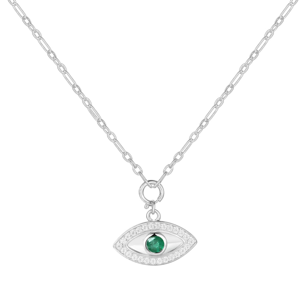Genuine Emerald Rhodium Plated Evil Eye Necklace