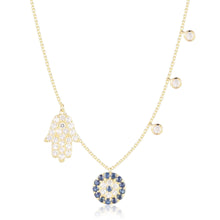 Load image into Gallery viewer, Gold Plated Hamsa &amp; Evil Eye Blue Sapphire Charm Necklace